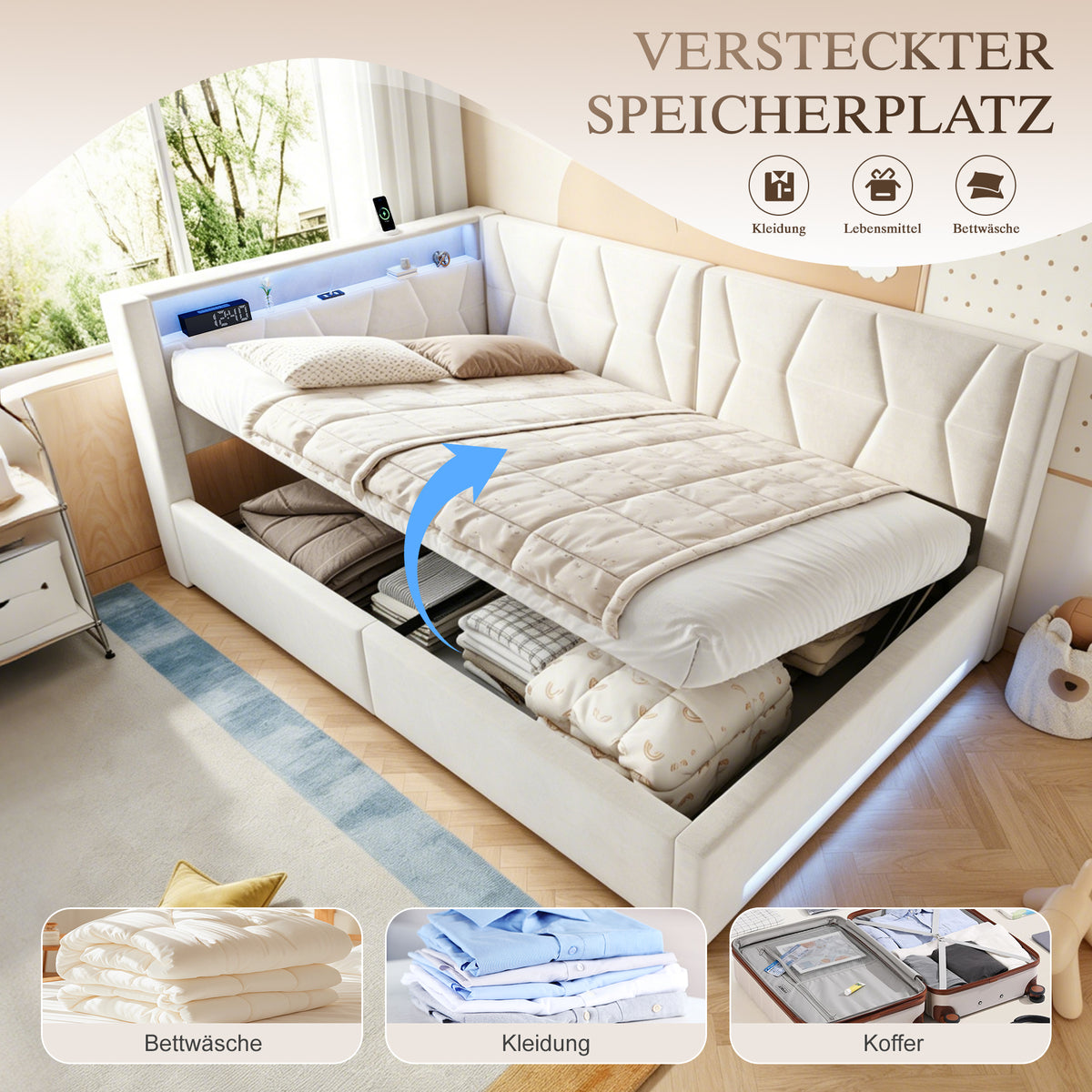 Upholstered Bed 140x200cm with Storage & LED Light in Beige Velvet
