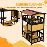 Cat House with Platforms, Hanging Bridge, 2 Cats, Wooden, Yellow