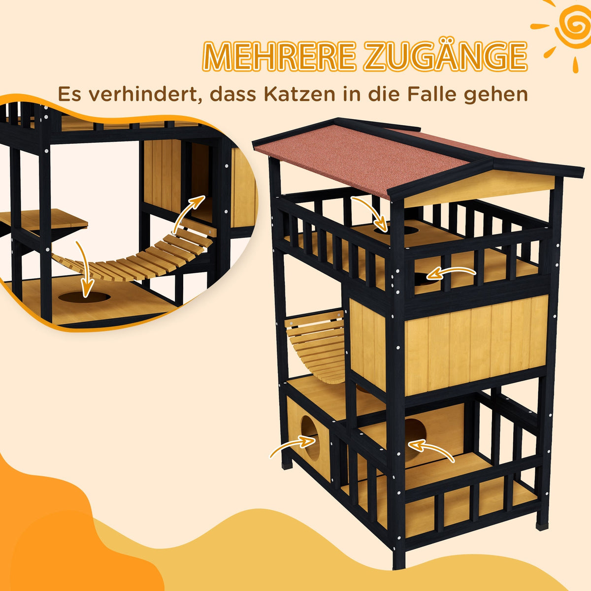 Cat House with Platforms, Hanging Bridge, 2 Cats, Wooden, Yellow