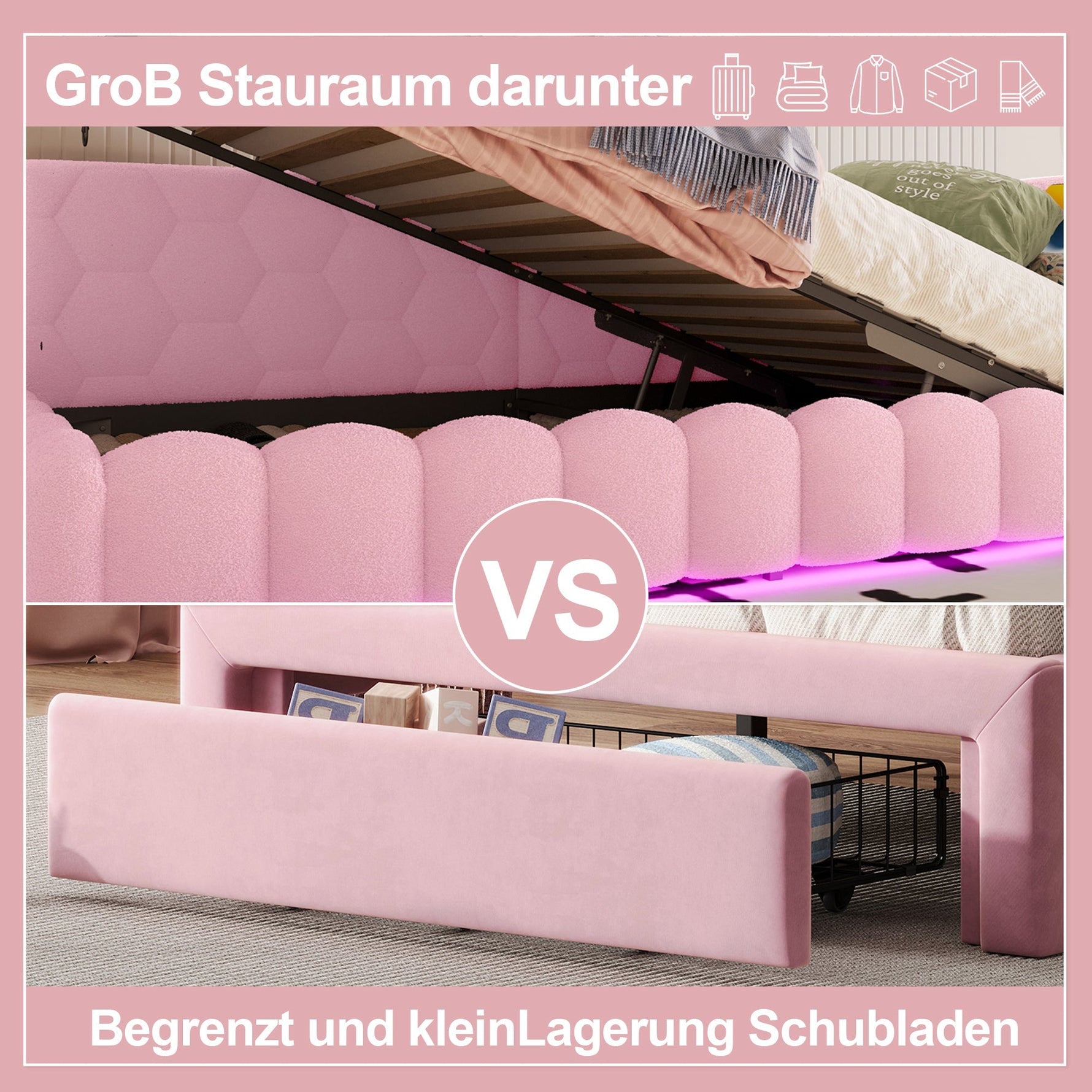 Daybed with LED Light, Hydraulic Storage and USB Charging, Pink Imitation Fleece