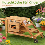 Outdoor Mud Kitchen with Wheels and Accessories, Wooden Garden Play Set, Natural Wood
