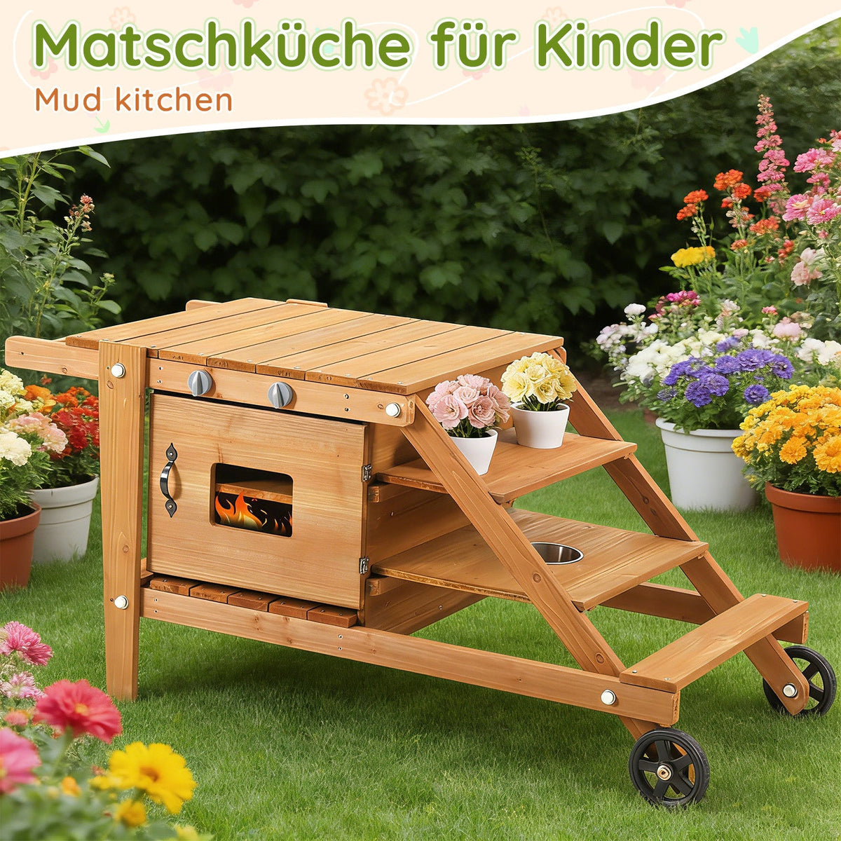 Outdoor Mud Kitchen with Wheels and Accessories, Wooden Garden Play Set, Natural Wood