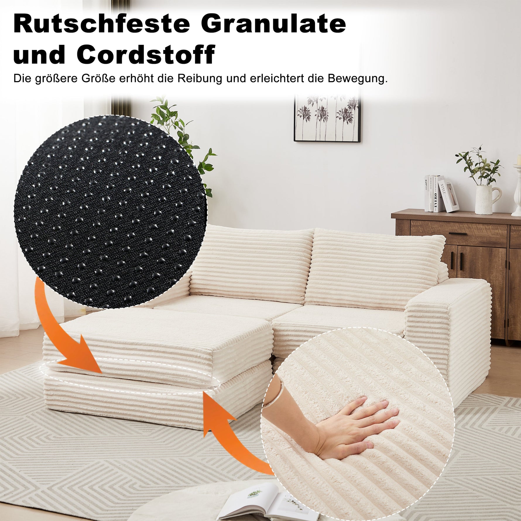Corduroy 2-in-1 Sofa Bed with Two Pillows, Removable Footstool and Modular Design, Corduroy