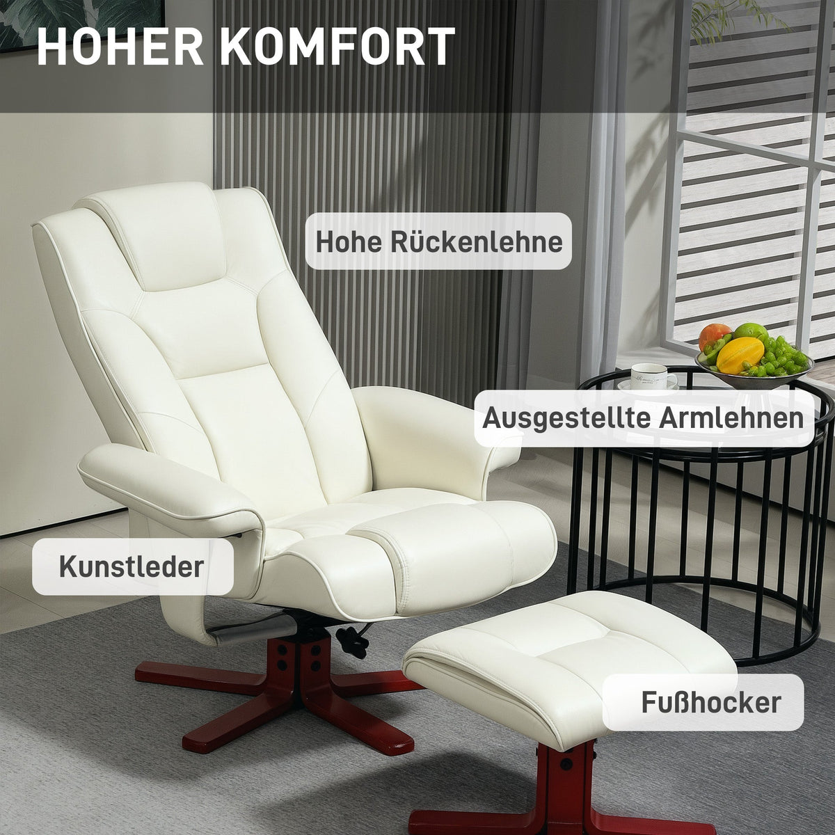 Recliner with Footstool, Upholstered Rocking Adjustable Backrest, Faux Leather Cream White