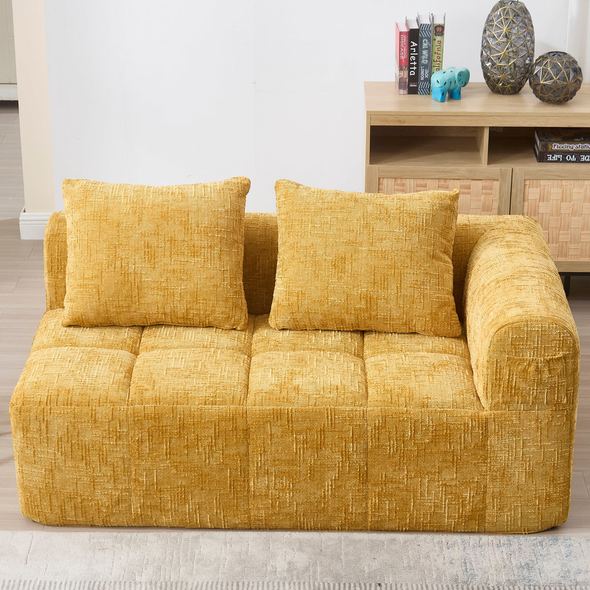 2-Person Sofa, Plush Cushion Side Pockets, Yellow