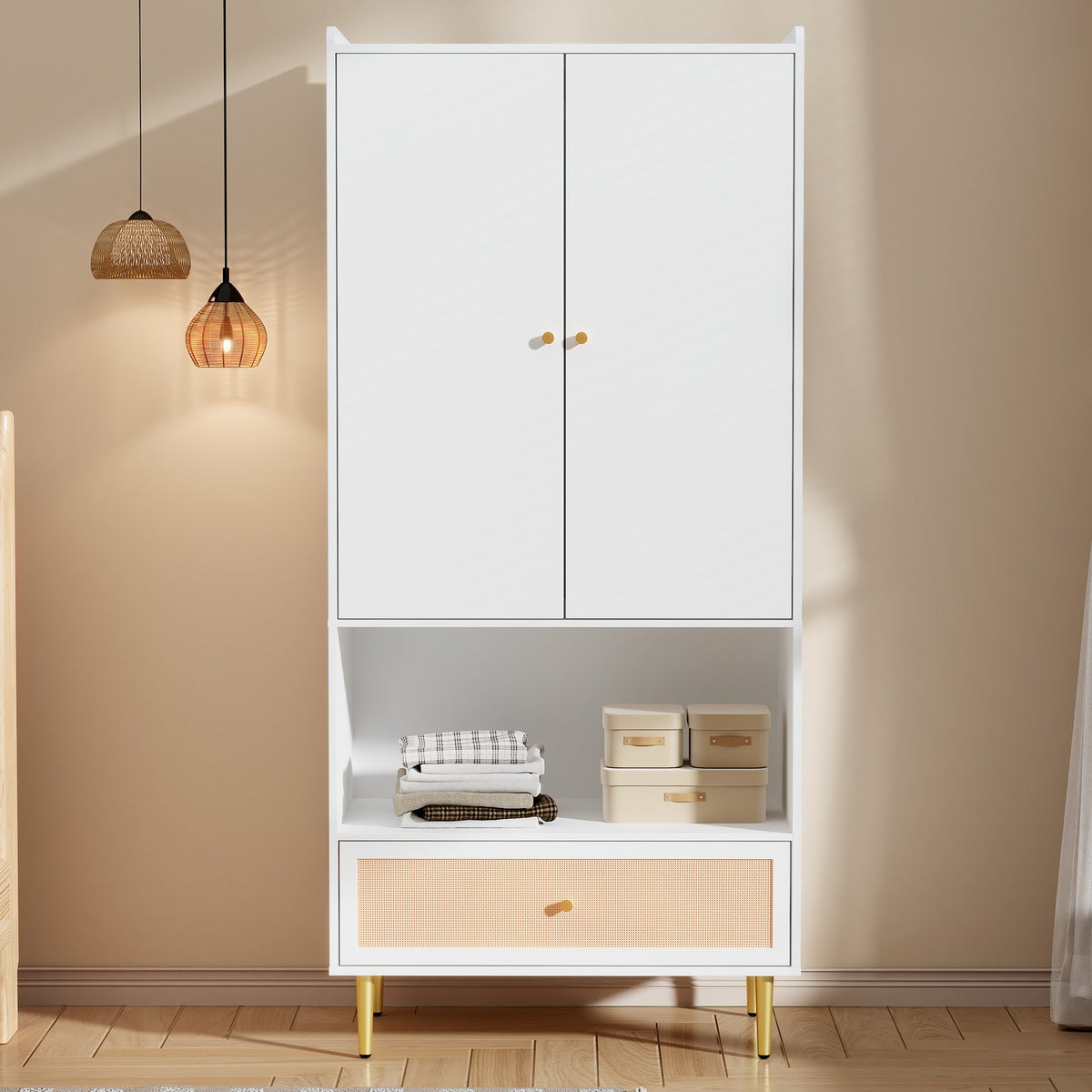 Wardrobe with 2 Doors, Rattan Drawer and Clothes Rail, White