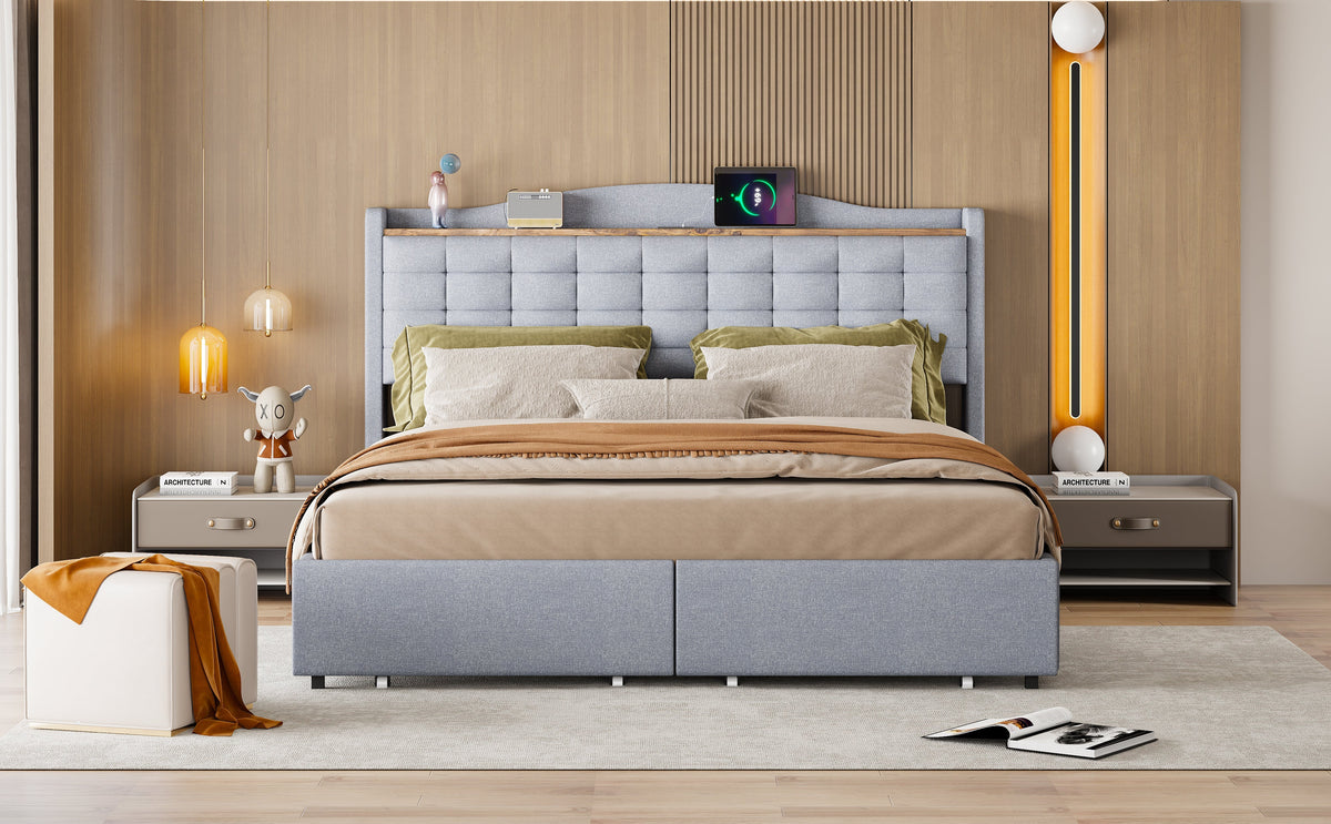 Upholstered Bed 160x200cm, USB Charging, 4-Drawer, Linen Fabric Gray