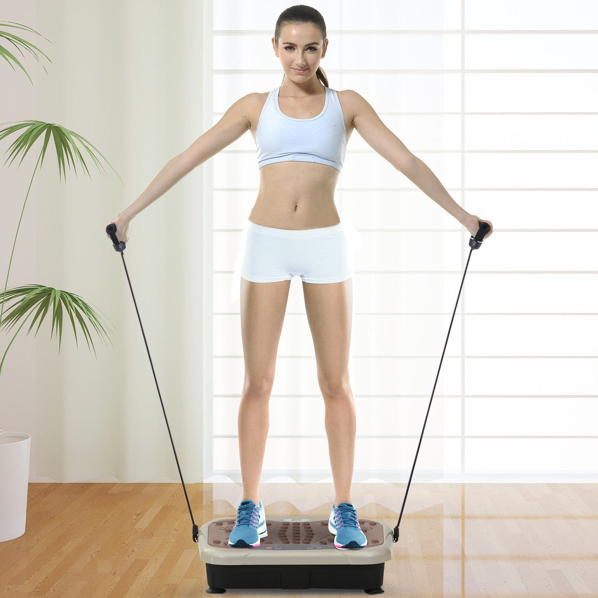 Vibration Plate Fitness Trainer with LED Display, USB Speaker, Training Bands, Remote Control