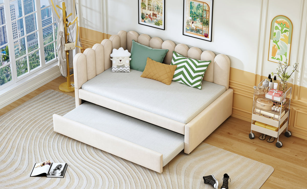L-shaped Upholstered Bed, Sofa Bed 140x200 cm, Floral Backrest, Pull-Out Bed, Beige Velvet