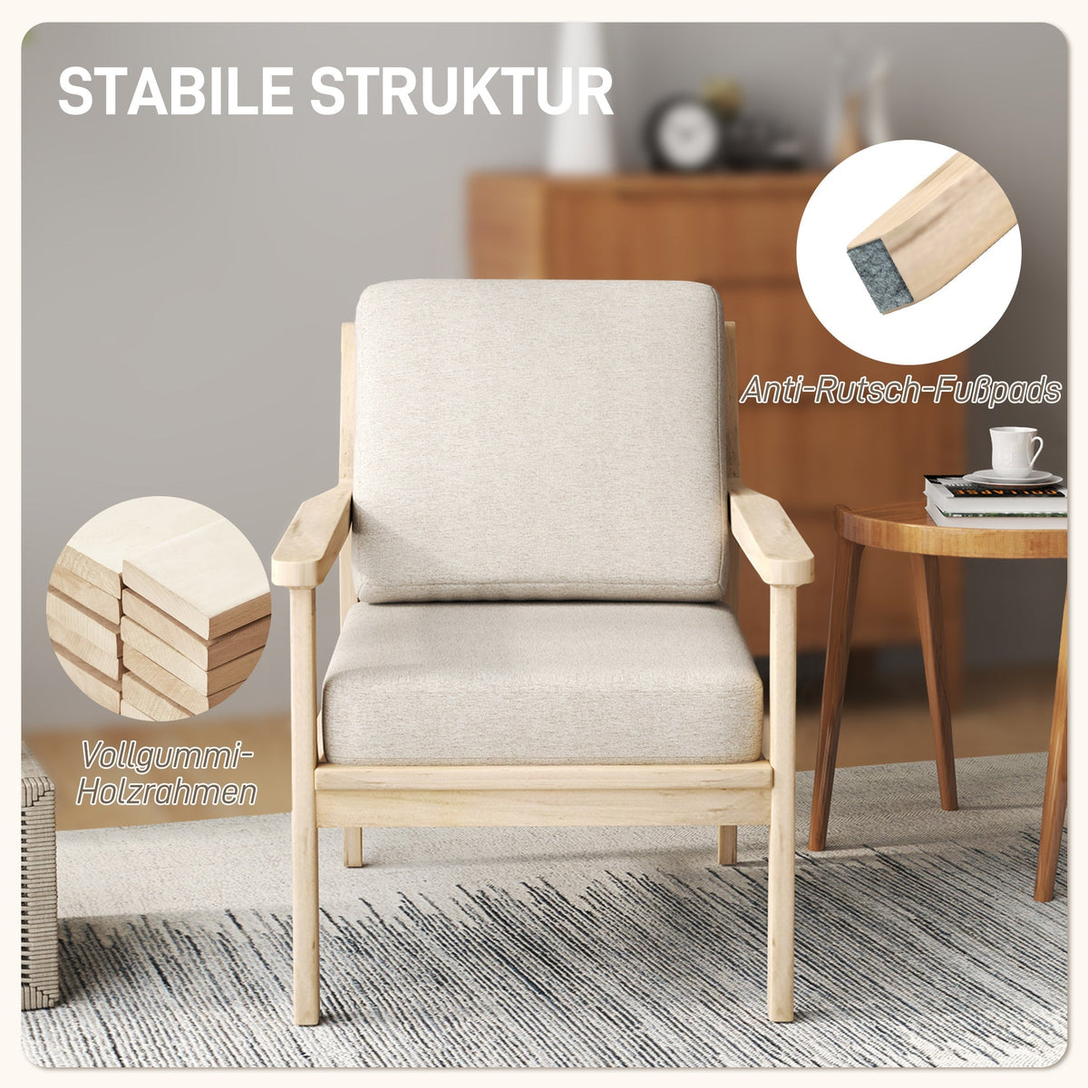 Armchair Lounge Chair, Padded, Removable Cushions, Wooden Legs, Beige