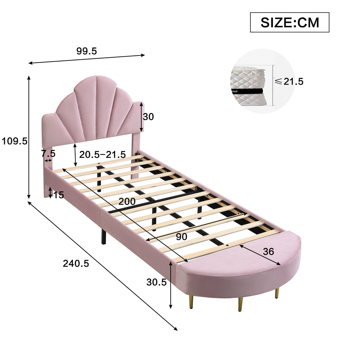 Upholstered Single Bed 90x200cm Velvet Headboard Matching Bench - Pink Velvet