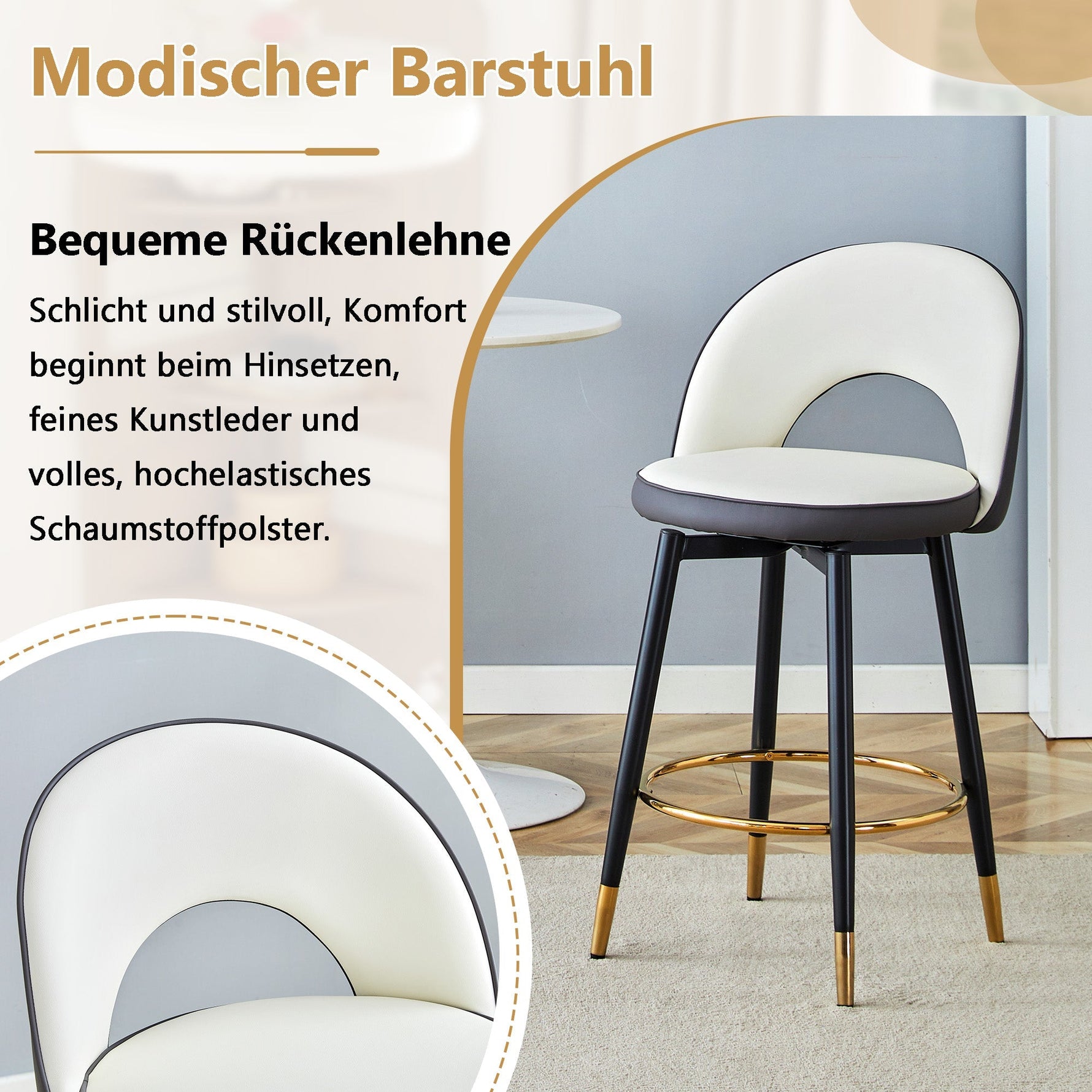 360° Swivel Bar Stool Set of 2 with Padded Seat and Open Back, Dark Grey and White PU Leather