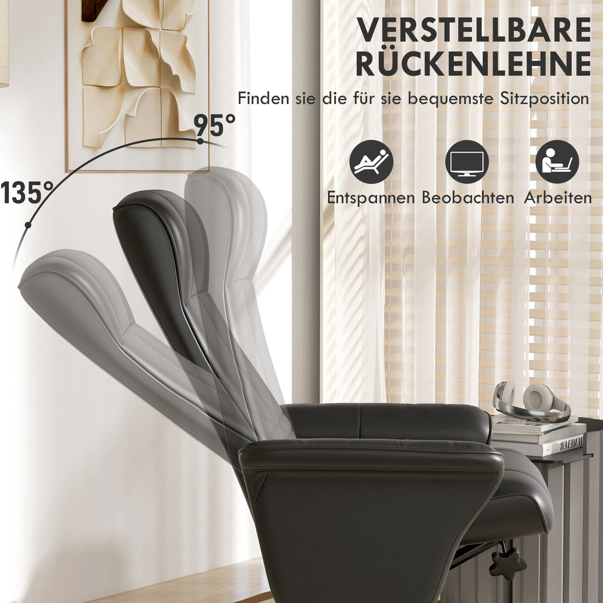 Recliner Chair with Footstool, Swivel Reclining TV, 150kg Load, Microfiber Cloth, Black