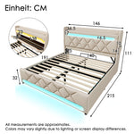 Upholstered Double Bed with Hydraulic Storage, USB Ports and LED Lighting, 140x190cm, Beige Linen