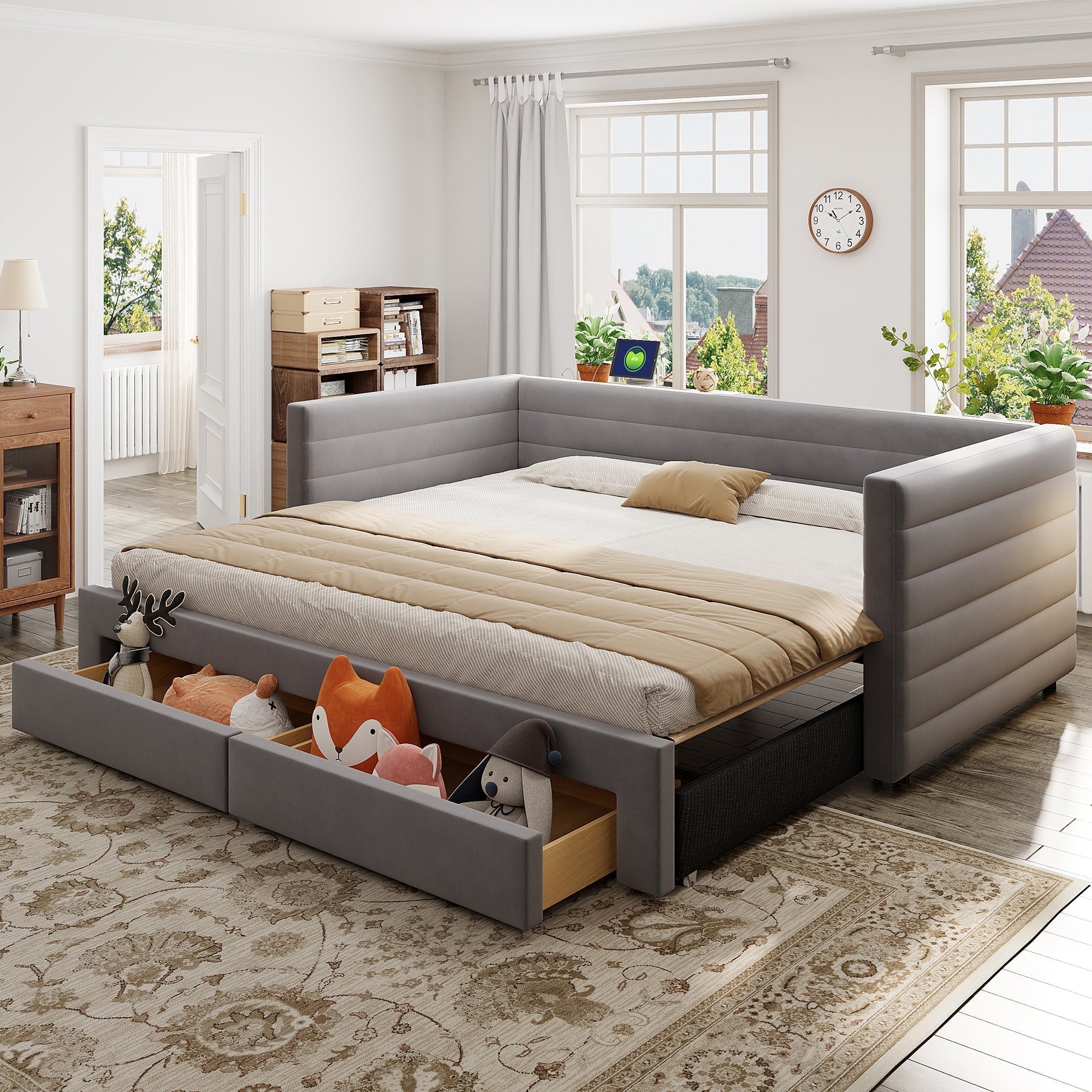 3-in-1 Upholstered Sofa Bed, Extendable with Drawers and Slatted Base, Grey Cotton and Linen