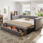 3-in-1 Upholstered Sofa Bed, Extendable with Drawers and Slatted Base, Grey Cotton and Linen