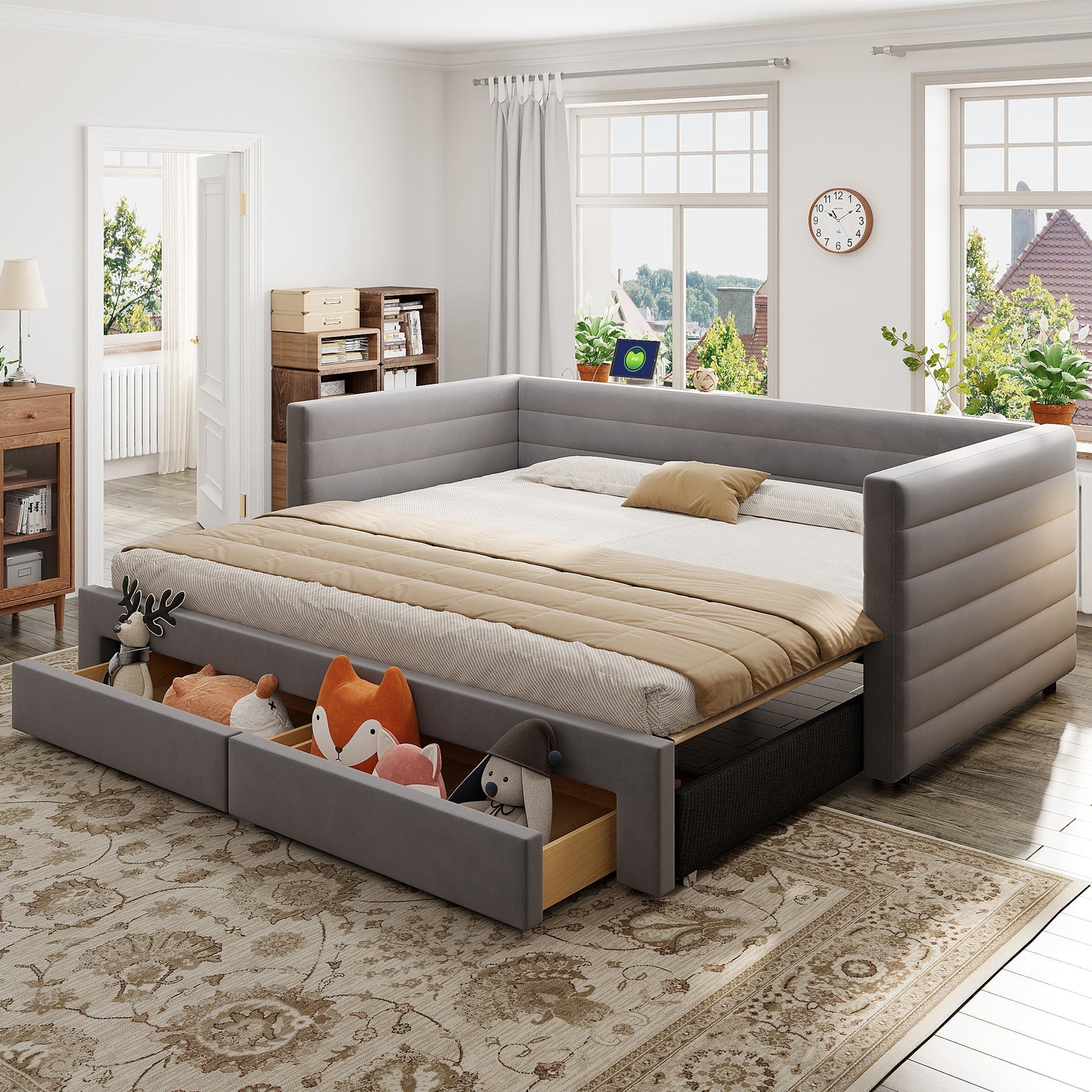 3-in-1 Upholstered Sofa Bed, Extendable with Drawers and Slatted Base, Grey Cotton and Linen