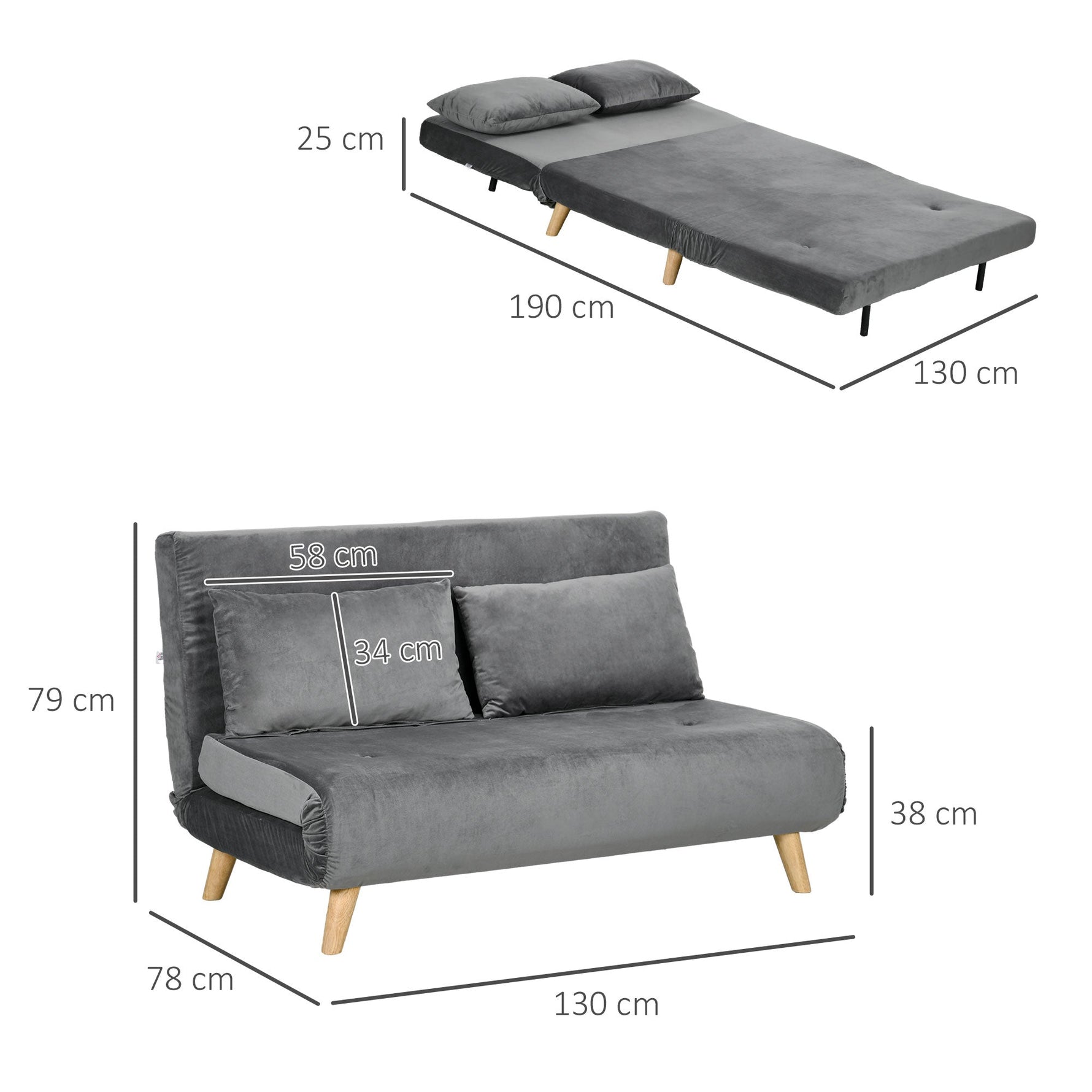 Sofa Bed 2-Seater Foldable Adjustable Backrest, Grey Velvet