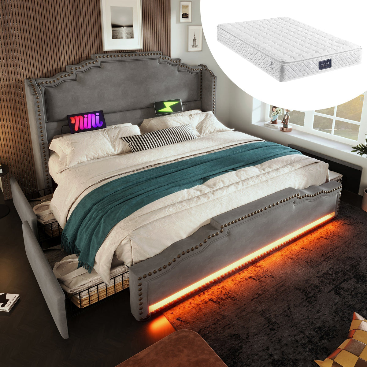 Upholstered Bed, 160x200 Double with 4 Drawers, LED & USB-C, Velvet Grey