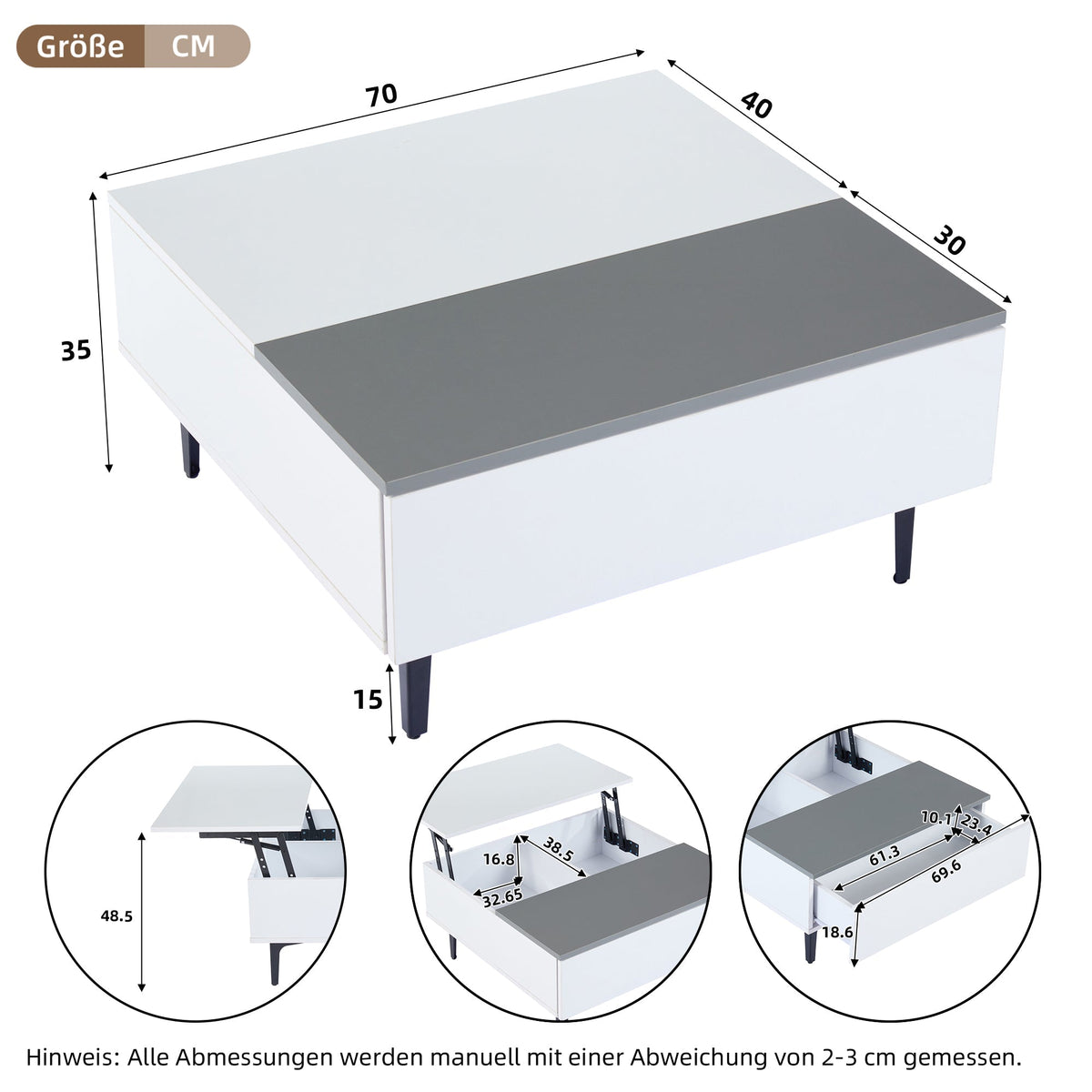Coffee Table, Height-Adjustable with Hidden Storage and Shelves, White High-Gloss