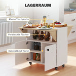 Folding Table with Rolling Cabinet, Two Folding Sides, 4 Casters, White + Natural Wood