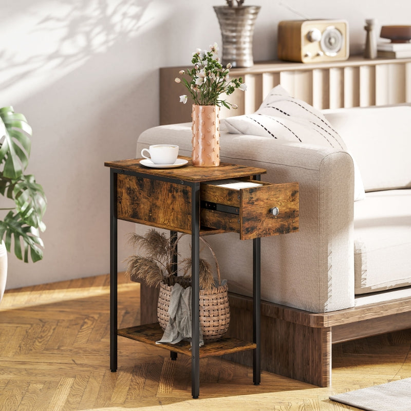 Side Table with Open Compartment and Drawer, Metal Legs, Wood, Brown