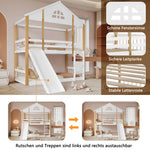 Bunk Bed with Slide & Ladder, House Bed with Fences, Solid Wood, White+Natural, 90x200cm