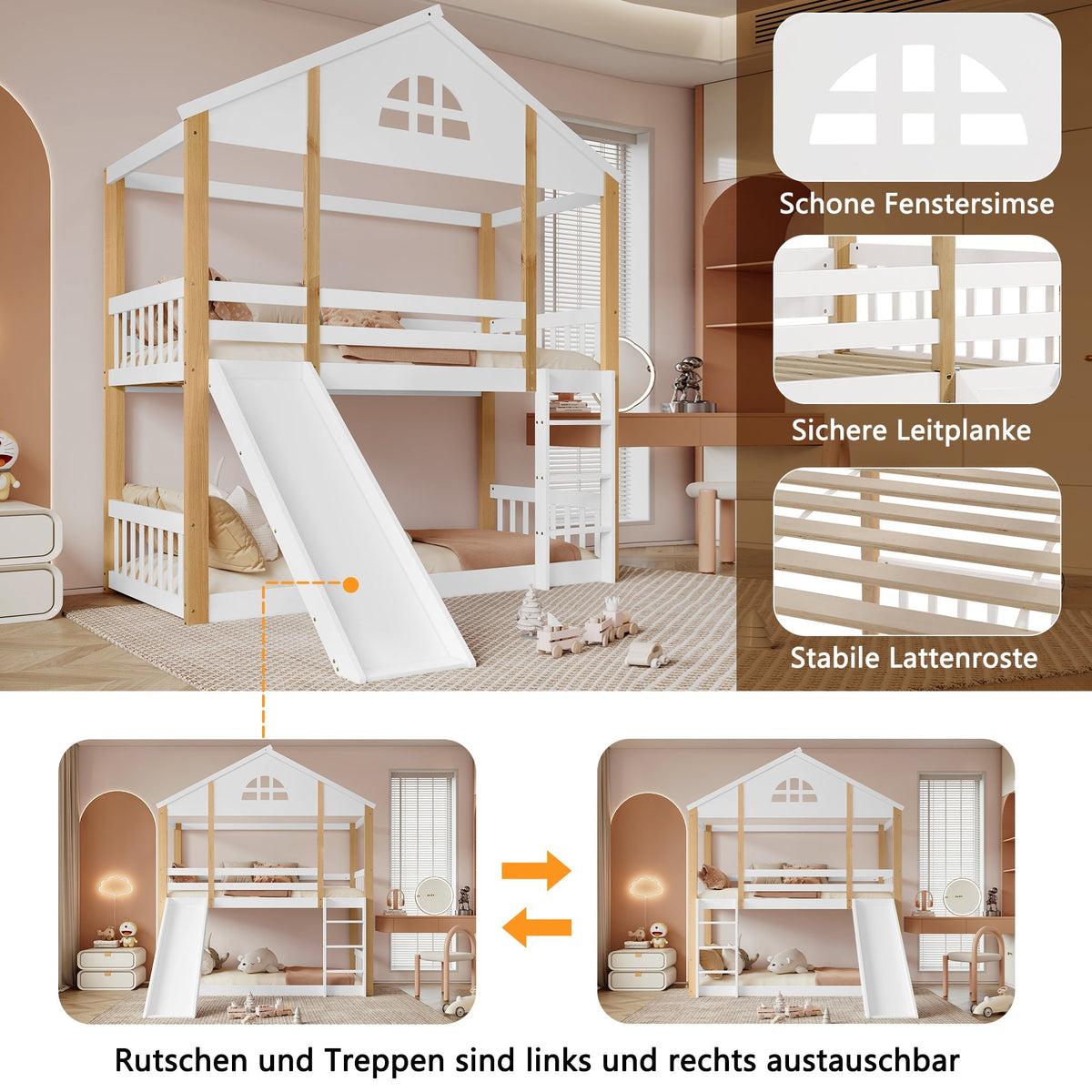 Bunk Bed with Slide & Ladder, House Bed with Fences, Solid Wood, White+Natural, 90x200cm