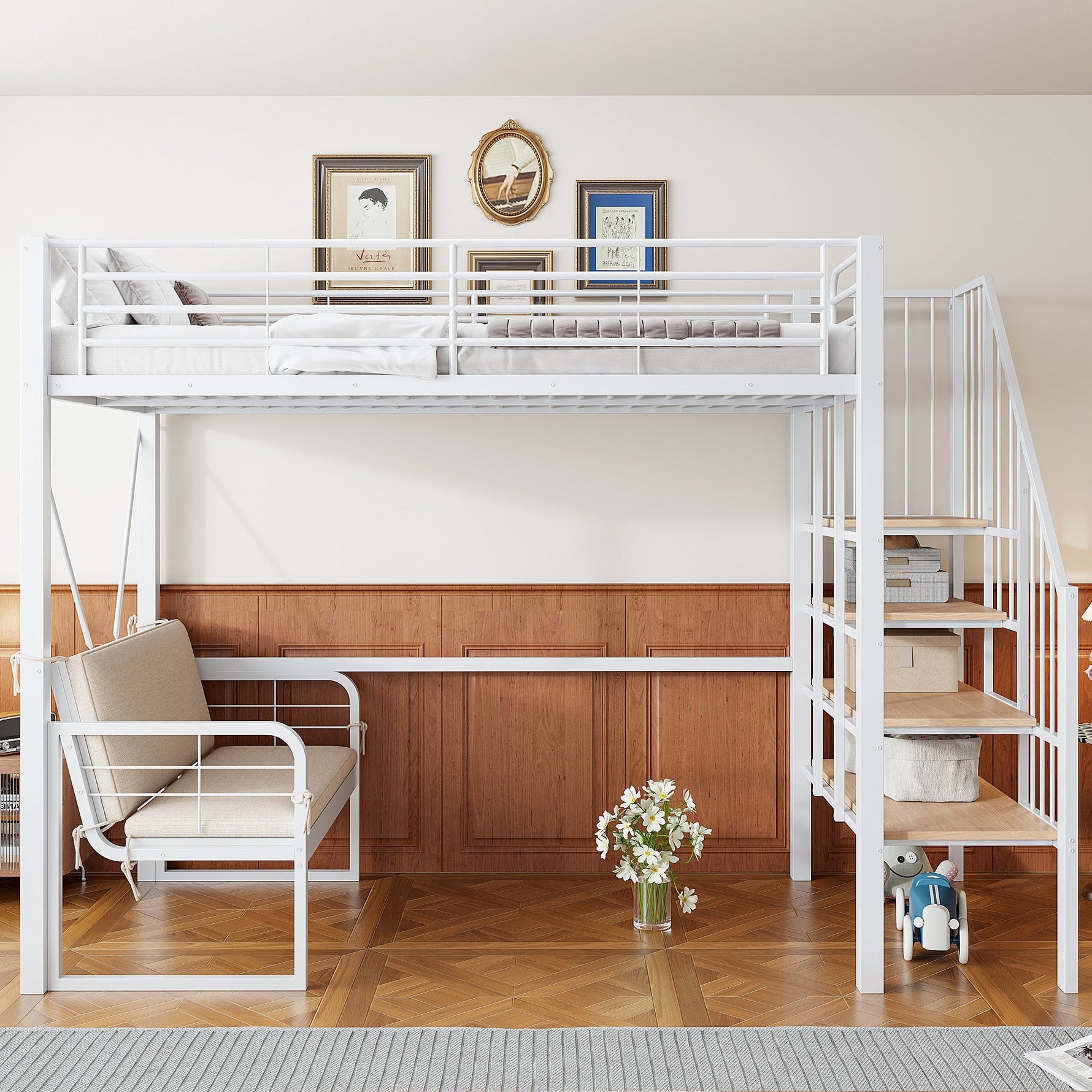 Bunk Bed with Removable Sofa, Storage and Safety Stairs, 90x200cm, White Metal