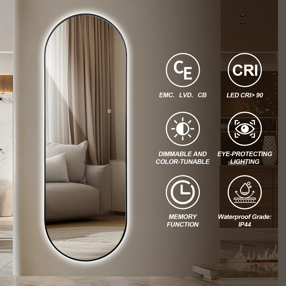 LED Full-Length Mirror 150x50cm Dimmable Backlight Black Aluminum