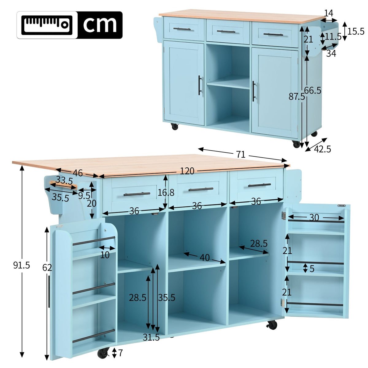 Dining Trolley Sideboard Extendable Fold-Down Worktop Storage Casters Blue/Solid Wood Grain
