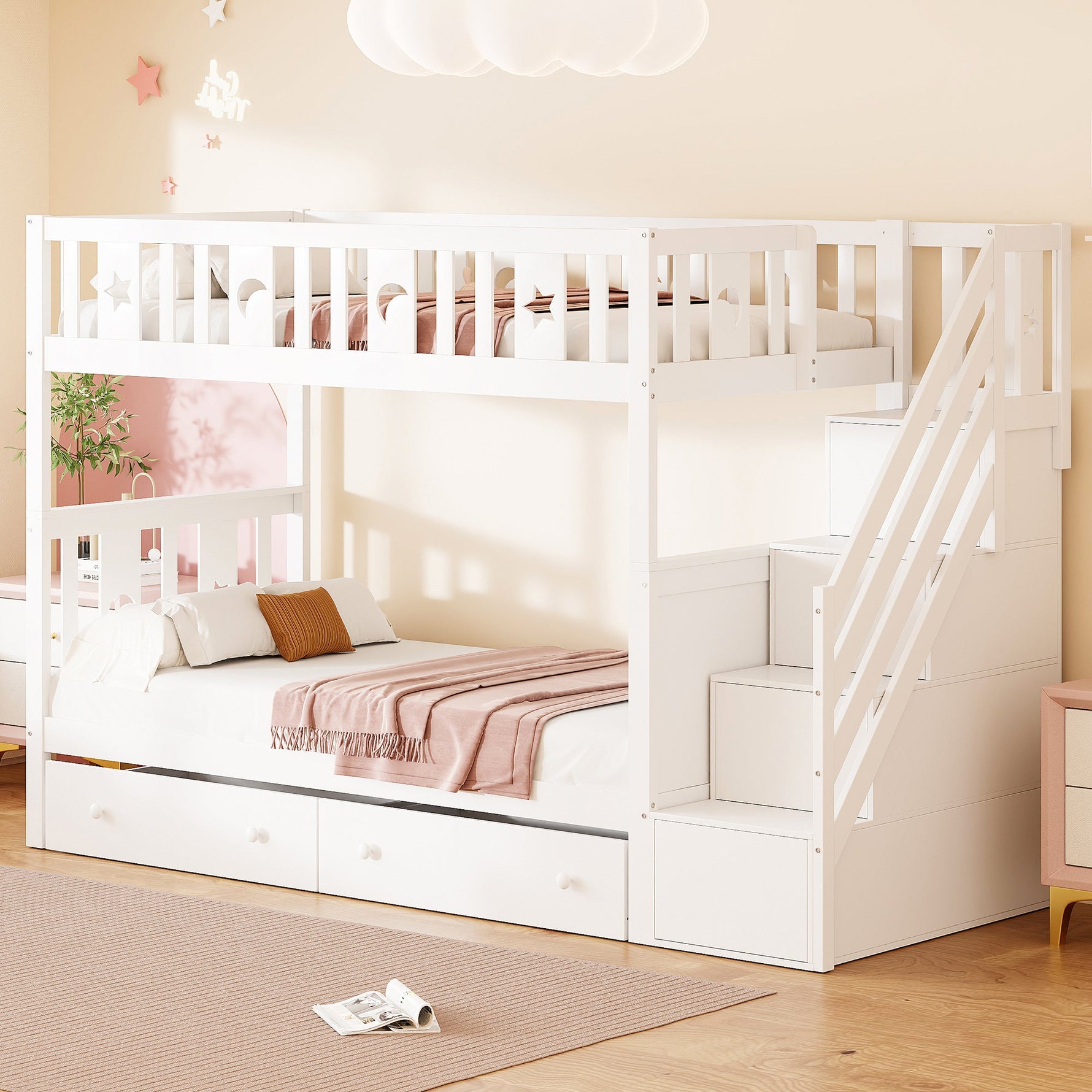 Children's Bunk Bed with Safety Stairs, Storage Drawers, Slatted Base, White Solid Wood