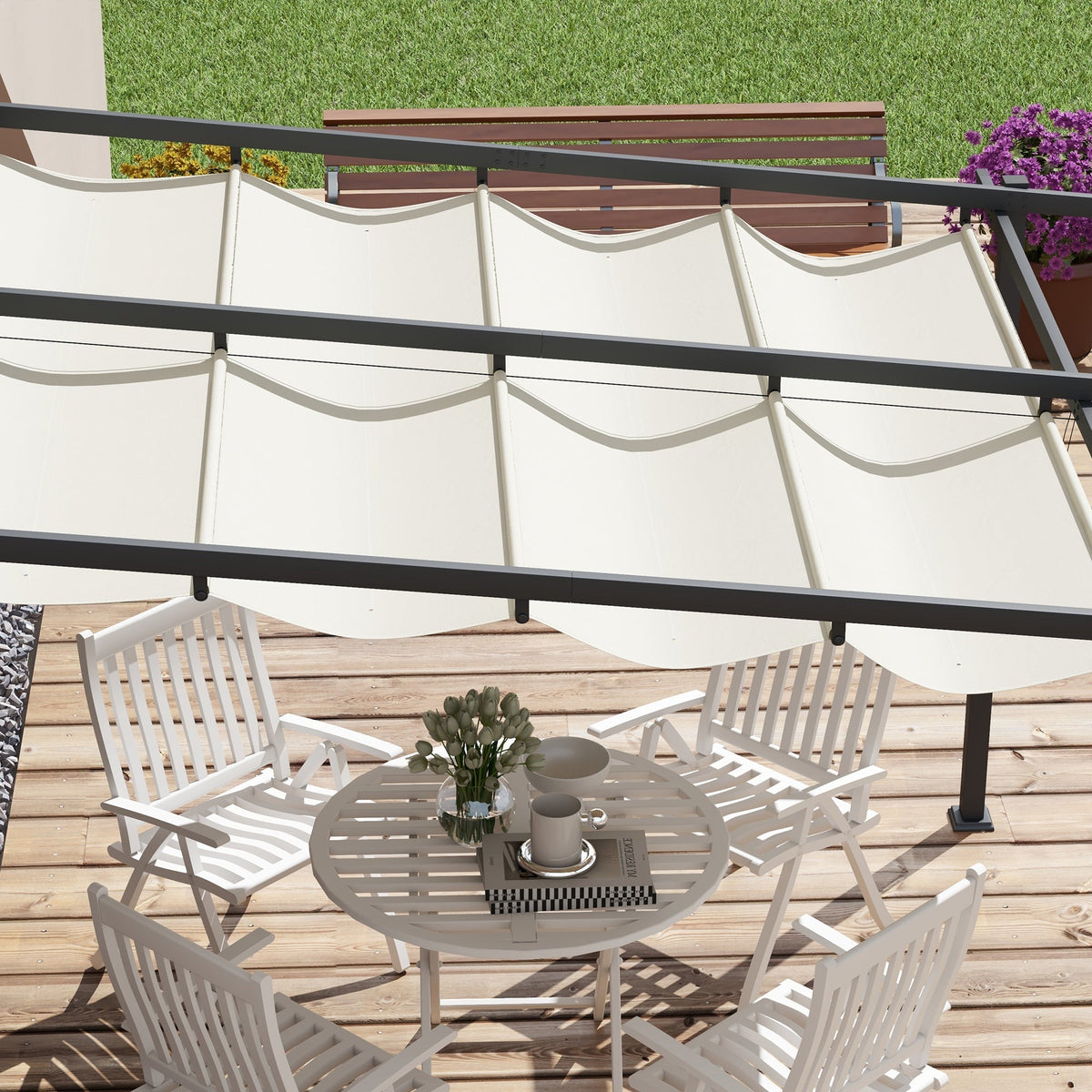 Pavilion Pergola 3x3m Windproof Adjustable Roof, Cream-Colored