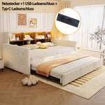 Upholstered Sofa Bed 90x190cm with Storage Headboard, LED and Charging Ports, Beige Velvet