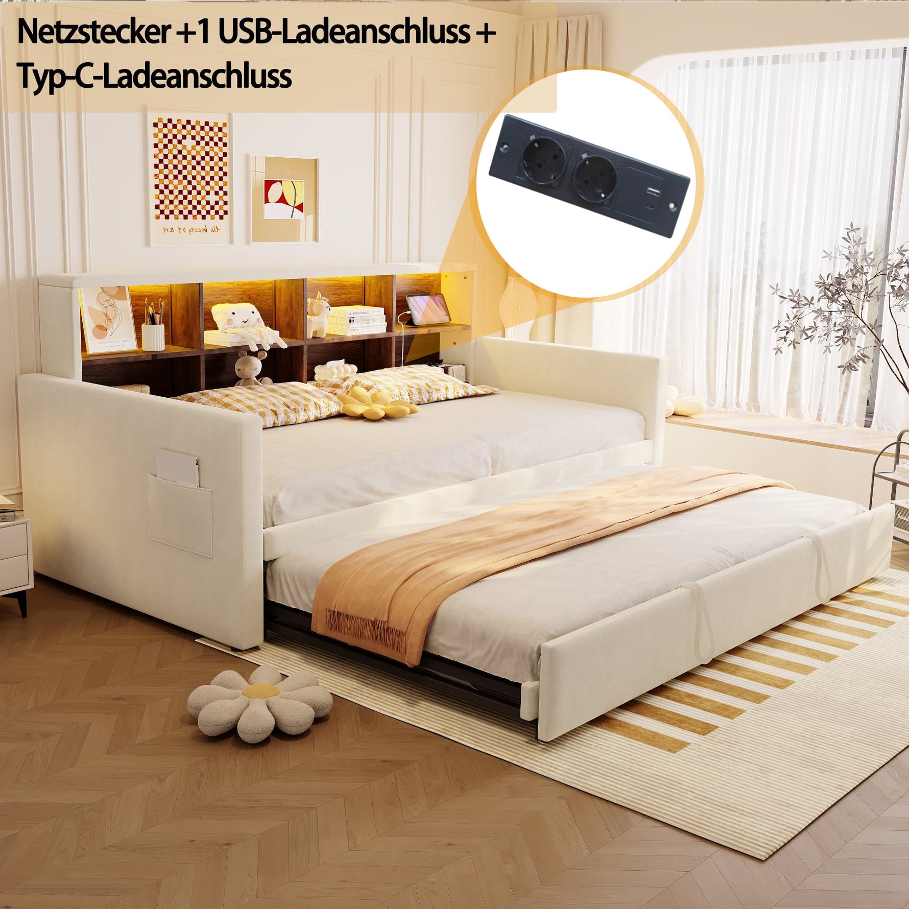 Upholstered Sofa Bed 90x190cm with Storage Headboard, LED and Charging Ports, Beige Velvet