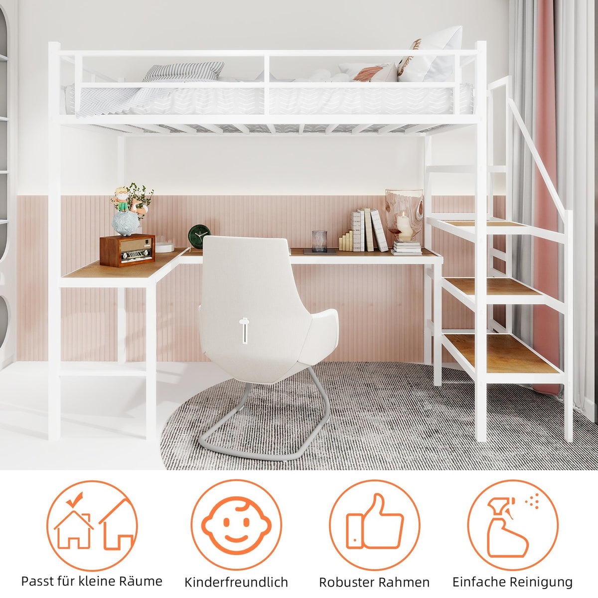 Loft Bed, L-Shaped Desk, Storage & Stairs, Sturdy Frame