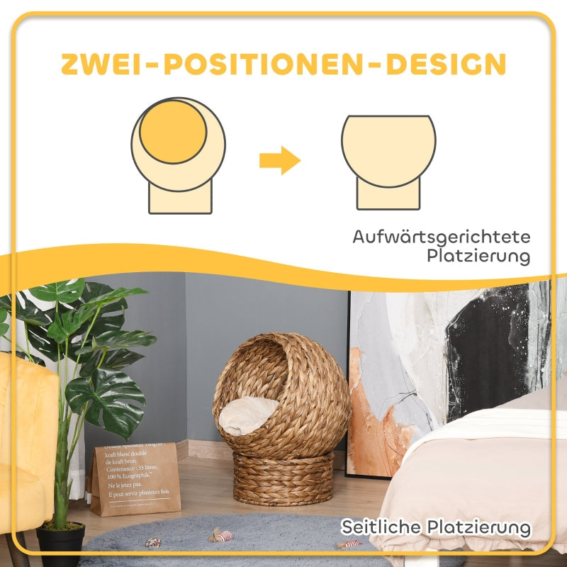 Cat Basket, Cave Hut Bed with Cushion, Water Hyacinth Brown