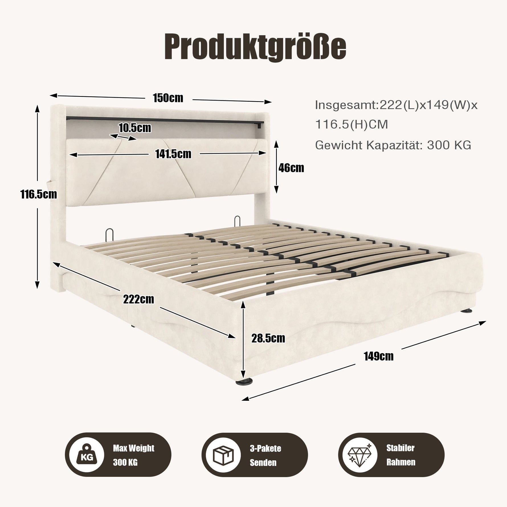 Modern Upholstered Bed 140x200cm, LED Headboard, Storage, USB Ports, Gas Spring Slatted Base