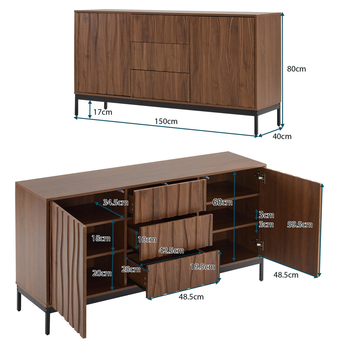 Sideboard 150cm with 3 Drawers and One-Piece Cutout, Dark Grained Oak