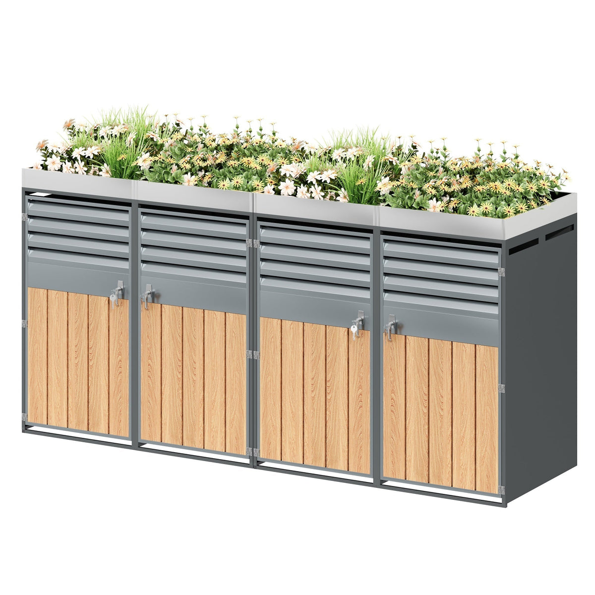 Garbage Can Enclosure with Ventilated Louvers, Lockable Four Doors and Planting Area, Galvanized Steel