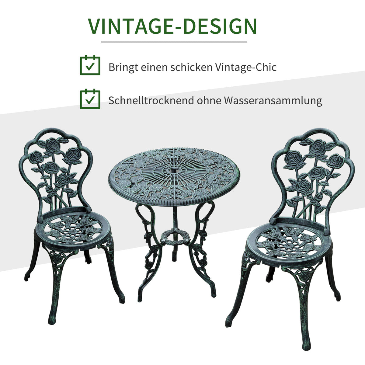 3-Piece Bistro Set for Balcony & Terrace, Antique Green Cast Aluminum
