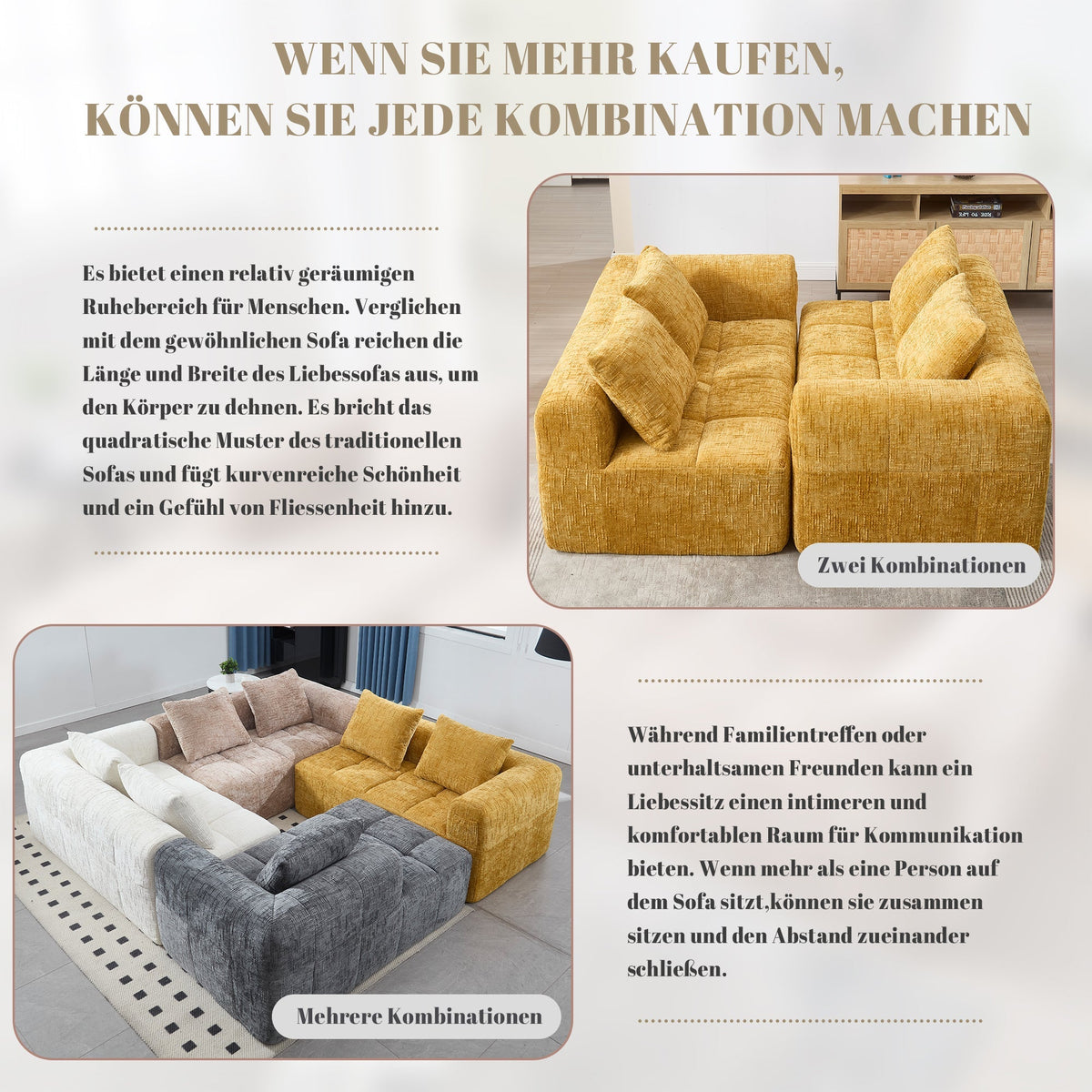 2-Person Sofa, Plush Cushion Side Pockets, Yellow