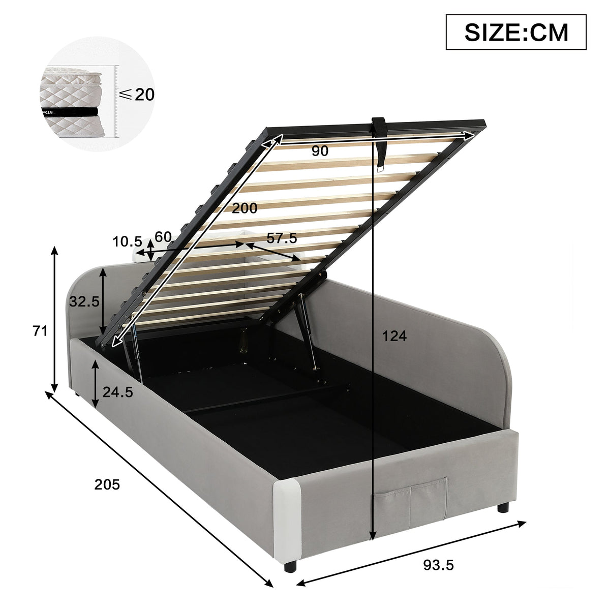 Hydraulic Bed, Storage Space, Raised Soft Fence, Velvet + Plywood, Grey