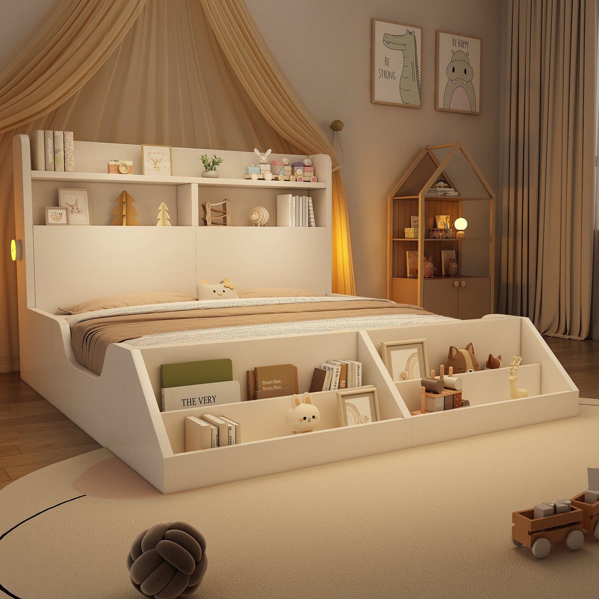 Wooden Double Bed 140x200cm Youth Bed with Shelves Nightlights Bookshelf Pure White