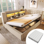 Upholstered Bed 140x200 with LED & Storage, Beige Linen