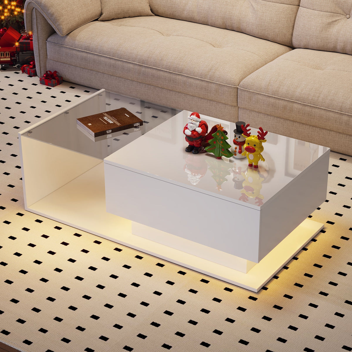Coffee Table with Glass Top & Drawers, LED Lighting, High-Gloss White