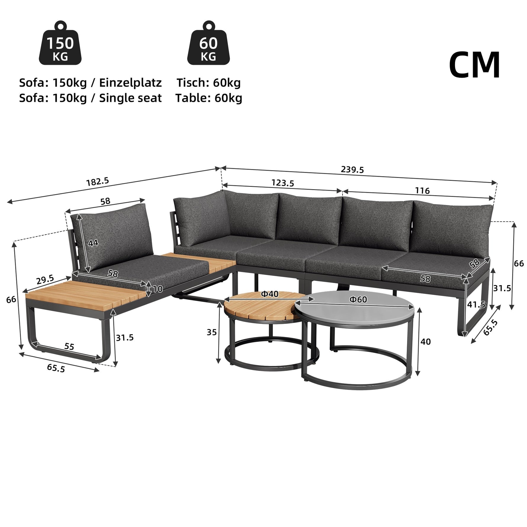 Garden Furniture Set 4-5 Seater with 2 Stackable Coffee Tables Adjustable Legs Galvanized Iron Grey