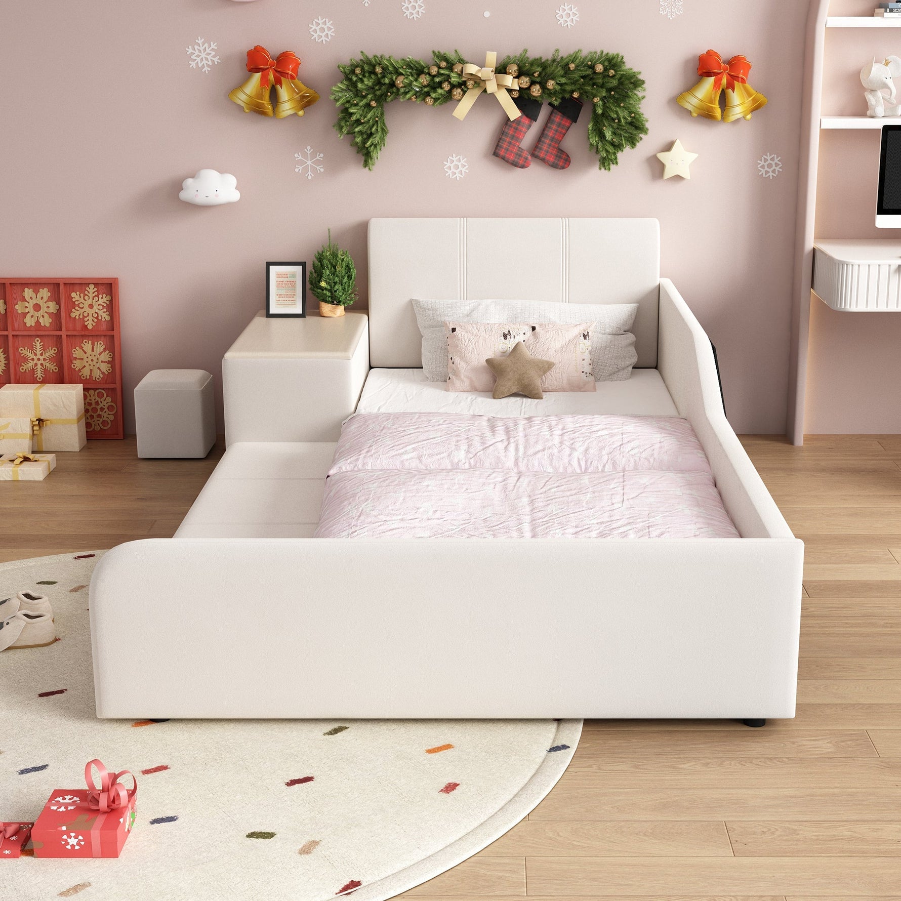 Upholstered Single Bed with Desk, Stool and Storage, 90x200cm, White Velvet