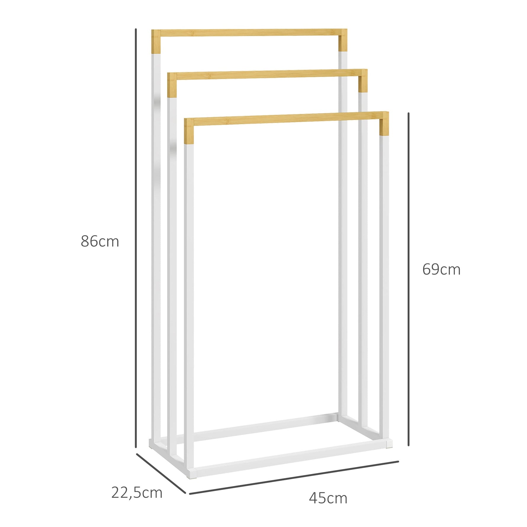 Freestanding Towel Rack, 3 Bars Bathroom Towel Holder, Steel and Bamboo, White