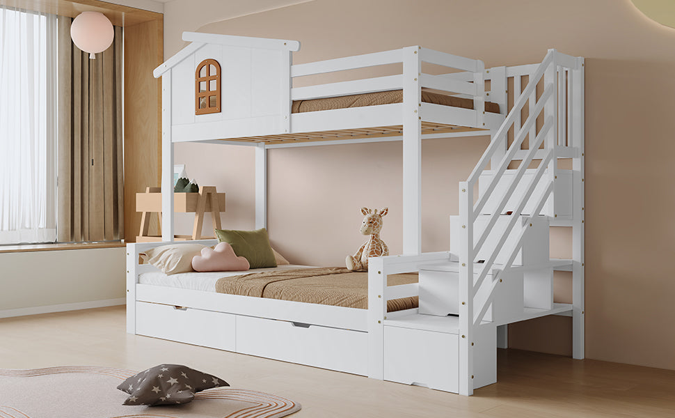 Bunk Bed, Two Drawers, Corner Ladder, Pine + MDF + Plywood, White + Natural